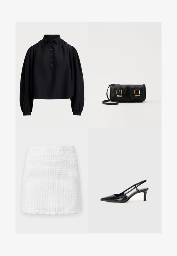 Schwarzes, kurzes Shirt aus weichem Stoff, mit einer geknöpften Leiste, hohem Kragen und puffierten langen Ärmeln mit enganliegenden Bündchen.; sandro JUPE MAILLE MINI POINT FANTAISIE - Minirock - blanc; Schwarze Lack-Slingback-Pumps mit spitzem Zehenbereich, versehen mit strukturiertem Schlangenprint, verstellbarem Riemen und einem kurzen, strukturierten Blockabsatz.; Schwarze Leder-Umhängetasche mit zwei vorderen Taschen, goldenen Schnallen, Reißverschluss und einem schmalen Tragegurt. Texturierte Oberfläche und kompakte rechteckige Form.