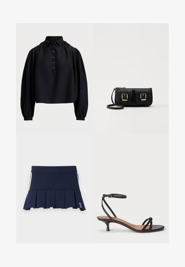Camisa negra corta hecha de una tela suave, con tapeta de botones, cuello alto y mangas largas abullonadas con puños ajustados.; Falda plisada azul marino hecha de tela elástica, con una cintura ajustada y detalle de cremallera lateral. Las costuras son visibles a lo largo de las costuras.; Polo Ralph Lauren LEATHER KITTEN-HEEL SANDAL - Tacones - black; Bolso cruzado de cuero negro con dos bolsillos frontales, hebillas doradas, cierre de cremallera y una correa delgada. Superficie texturizada y forma rectangular compacta.