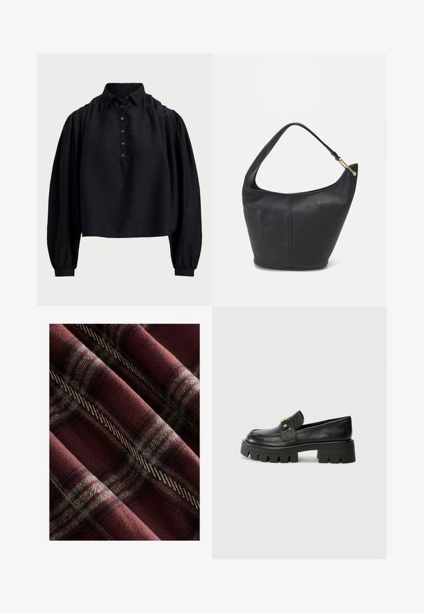 Chemisier noir court en tissu doux, doté d'une patte de boutonnage, d'un col haut et de manches longues bouffantes avec des poignets ajustés.; Tissu à carreaux en bourgogne et gris, présentant une texture douce avec des lignes noires et crème bien marquées et un motif tissé tout au long.; Mocassins en cuir noir avec une semelle épaisse, présentant un accent doré à l'avant et une finition lisse. Design à crampons épais sur la semelle.; Sac à main en cuir noir avec une forme arrondie, une large bandoulière et une finition texturée. Présente un détail de couture subtil et un accent en métal doré.