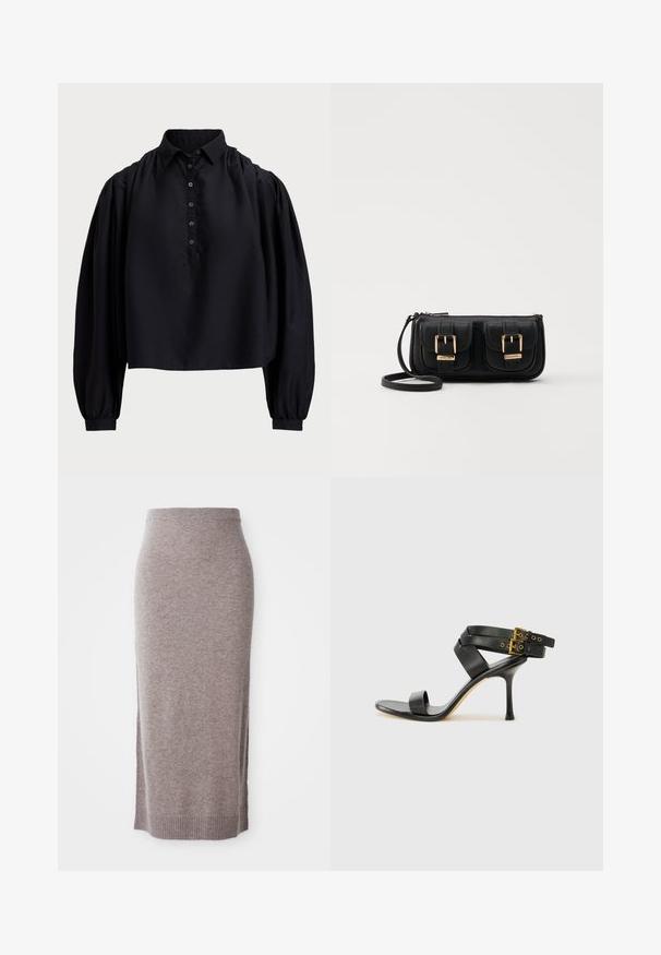 Maglietta nera corta realizzata in tessuto morbido, con apertura a bottoni, colletto alto e maniche lunghe puffate con polsini aderenti.; Gonna a tubo di lunghezza ginocchio in maglia taupe con cintura e orlo a costine, dotata di fessure laterali per un comfort e uno stile aggiuntivi.; Sandal nero con tacco a spillo, straps incrociati e fibbia regolabile. Presenta una texture liscia e un tacco affusolato.; Borsa a tracolla nera in pelle con due tasche frontali, fibbie dorate, chiusura con zip e una tracolla sottile. Superficie texturizzata e forma rettangolare compatta.
