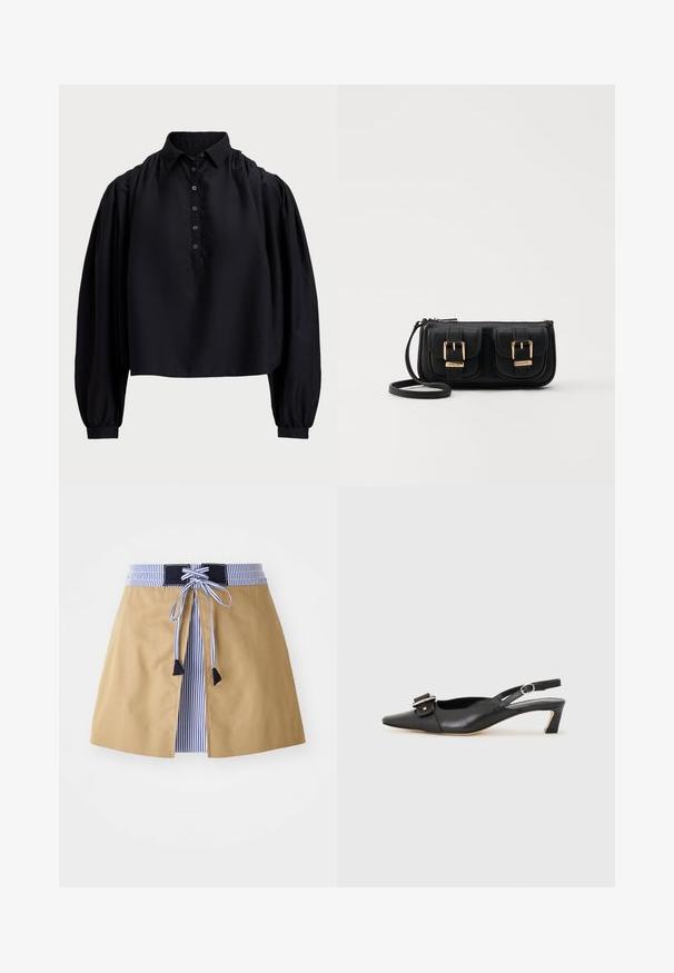 Čierna skrátená košeľa z mäkkej látky, s gombíkovou légou, vysokým golierom a nadýchanými dlhými rukávmi so zúženými manžetami.; Béžová sukňa s modrým pruhovaným opaskom, s predným viazaním a čiernymi akcentmi. Hladká tkanina, stredná dĺžka a prispôsobený strih.; Čierne kožené sandále s úzkym prstom, malým opätkom a dekoratívnou sponou na vrchnej časti. Hladká textúra, minimalistický dizajn.; Čierna kožená crossbody taška s dvoma prednými vreckami, zlatými sponami, zipsovým uzatváraním a úzkym popruhom. Štruktúrovaný povrch a kompaktný obdĺžnikový tvar.