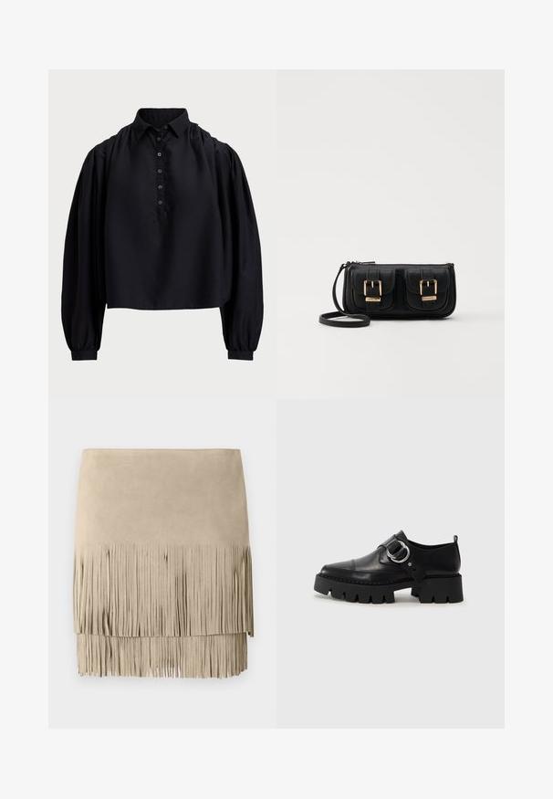 Chemisier noir court en tissu doux, doté d'une patte de boutonnage, d'un col haut et de manches longues bouffantes avec des poignets ajustés.; Jupe mini en daim beige avec un ourlet à franges. Texture lisse avec des longueurs de franges uniformes sur le bord inférieur. Design classique.; Chaussures noires en cuir avec une semelle épaisse et côtelée, présentant un accent en métal argenté circulaire et des détails de couture minimalistes.; Sac en cuir noir porté en travers avec deux poches avant, boucles dorées, fermeture zippée et une sangle fine. Surface texturée et forme rectangulaire compacte.