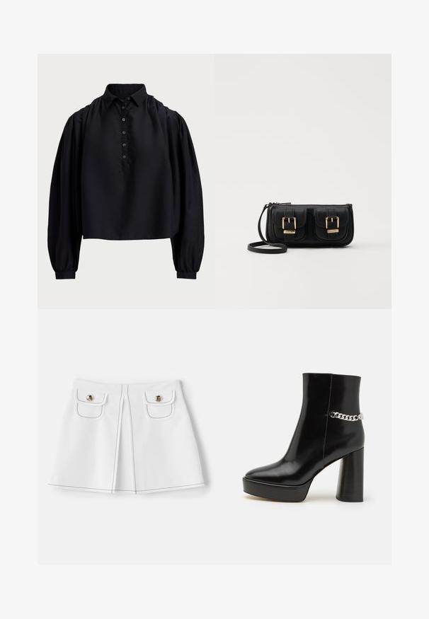 Juodas trumpas marškinėlis, pagamintas iš minkštos medžiagos, su sagų užsegimu, aukštu apykakle ir pūstais ilgais rankovėmis su prigludusiais riešais.; sandro JUPE - Mini sijonas - ecru; Juodas patentuotos odos kulkšninis botinukas su masyviu platforma ir aukštu blokiniu kulnu. Šone yra sidabrinė grandinė. Lygus paviršius.; Juodas odinis per petį nešiojamas krepšys su dviem priekiniais kišenėmis, auksiniais sagtimis, užtrauktuko uždarymu ir siauromis petnešomis. Textūruota paviršius ir kompaktiškas stačiakampis formatas.