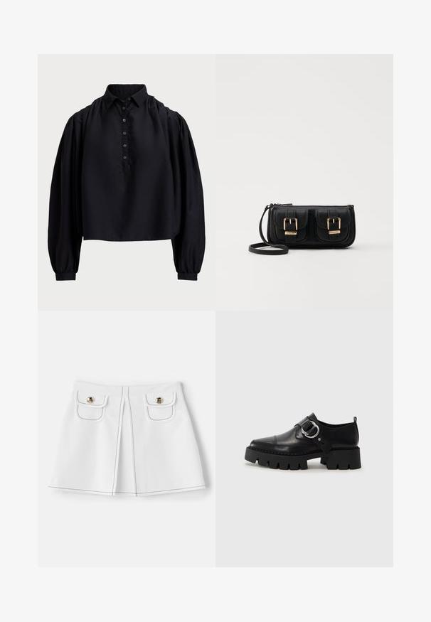 Fekete, rövidre szabott ing puha anyagból, gombos légnyílással, magas gallérral és puffos, hosszú ujjakkal, amelyek szűk mandzsettával záródnak.; sandro JUPE - Miniszoknya - ecru; Fekete bőr cipők tömzsi, bordázott talppal, kerek ezüst hardware díszítéssel és minimális varrási részletekkel.; Fekete bőr keresztbody táska két elülső zsebbel, arany csattokkal, cipzáras záródással és vékony pánttal. Textúrált felület és kompakt téglalap alak.