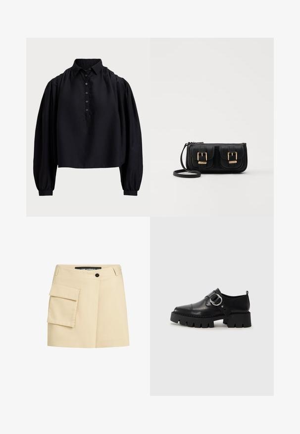 Chemisier noir court en tissu doux, doté d'une patte de boutonnage, d'un col haut et de manches longues bouffantes avec des poignets ajustés.; Jupe beige avec une taille ajustée, fermeture à boutons sur le devant et une poche cargo sur le côté gauche. Tissu lisse avec un design cintré.; Chaussures noires en cuir avec une semelle épaisse et côtelée, présentant un accent en métal argenté circulaire et des détails de couture minimalistes.; Sac en cuir noir porté en travers avec deux poches avant, boucles dorées, fermeture zippée et une sangle fine. Surface texturée et forme rectangulaire compacte.
