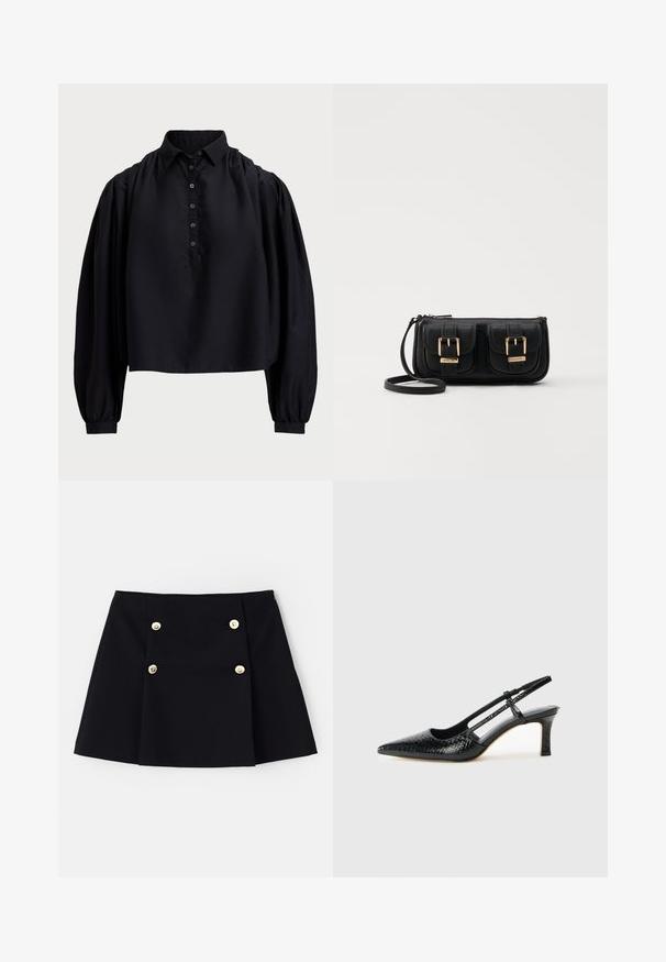 Fekete, rövidre szabott ing puha anyagból, gombos légnyílással, magas gallérral és puffos, hosszú ujjakkal, amelyek szűk mandzsettával záródnak.; Fekete mini szoknya rugalmas anyagból, két arany gombbal az elején, redőzött kialakítással és egyenes szegéllyel.; Fekete lakk slingback sarok, hegyes orral, texturált kígyómintával, állítható pánttal és rövid, texturált tömbsarkal.; Fekete bőr keresztbody táska két elülső zsebbel, arany csattokkal, cipzáras záródással és vékony pánttal. Textúrált felület és kompakt téglalap alak.