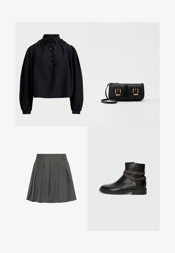 Maglietta nera corta realizzata in tessuto morbido, con apertura a bottoni, colletto alto e maniche lunghe puffate con polsini aderenti.; Moves LUCILLE - Gonna a pieghe - castlerock; Stivale alla caviglia in pelle nera con suola piatta, caratterizzato da una fascia decorata marrone e dettagli in metallo color oro. Texture liscia.; Borsa a tracolla nera in pelle con due tasche frontali, fibbie dorate, chiusura con zip e una tracolla sottile. Superficie texturizzata e forma rettangolare compatta.