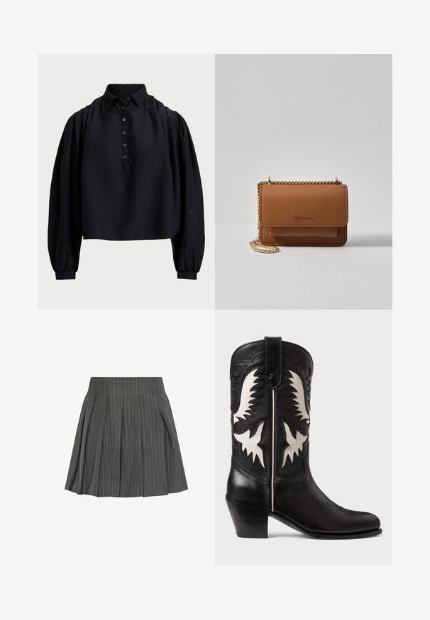 Melnā īsā krekls no mīksta auduma, ar pogu aizdari, augstu apkakli un puffed garajām piedurknēm ar pieguļošiem manžetēm.; Moves LUCILLE - Plisēti svārki - castlerock; Melnas ādas kovboju zābaki ar baltām leņķveida akcentiem, apveltīti ar dekoratīvo šuvumu, smailiem pirkstiem un zemu saliktu papēdi.; Brūna teksturēta ādas plecu soma ar zelta ķēdes siksnu un atloka aizdari. Priekšpusē ir logotipa detaļa un kabata zem atloka.