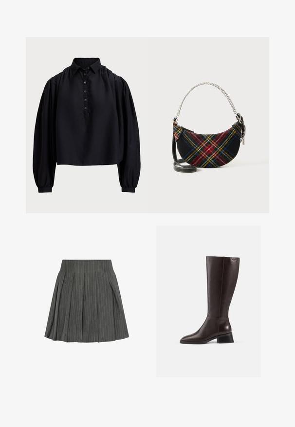 Schwarzes, kurzes Shirt aus weichem Stoff, mit einer geknöpften Leiste, hohem Kragen und puffierten langen Ärmeln mit enganliegenden Bündchen.; Moves LUCILLE - Faltenrock - castlerock; Knöchelhohe, braune Lederstiefel mit glatter Oberfläche, abgerundeter Spitze und gestapeltem schwarzen Absatz. Schlichtes Design mit minimalen Hardware-Details.; Handtasche aus einem Wollgemisch im Karomuster, mit einer Halbmondform, silbernem Kettenhenkel und einem abnehmbaren schwarzen Ledertrageriemen.