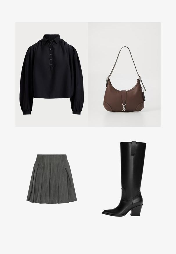 Fekete, rövidre szabott ing puha anyagból, gombos légnyílással, magas gallérral és puffos, hosszú ujjakkal, amelyek szűk mandzsettával záródnak.; Moves LUCILLE - Rakott szoknya - castlerock; Térd feletti fekete bőr csizmák hegyes orral, tömbsarkú kialakítással és oldalsó varrással. Hátsó húzófüllel az egyszerű felhúzás érdekében.; Barna bőrtáska, kerek formával, ezüst színű fémrészekkel és díszítő varrással. Különleges jellemzője a vállpánt és a záródás.