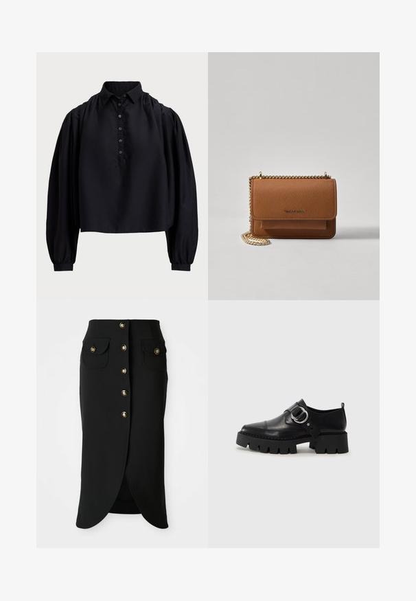 Black cropped shirt made of soft fabric, featuring a buttoned placket, high collar, and puffed long sleeves with fitted cuffs.; Black knee-length skirt made of smooth fabric, featuring a front button closure, two side pockets, and a high slit at the back. Gold-button accents.; Black leather shoes with a chunky, ribbed sole, featuring a circular silver hardware accent and minimal stitching detail.; Brown textured leather crossbody bag with gold chain strap and flap closure. Front features logo detail and a pocket under the flap.