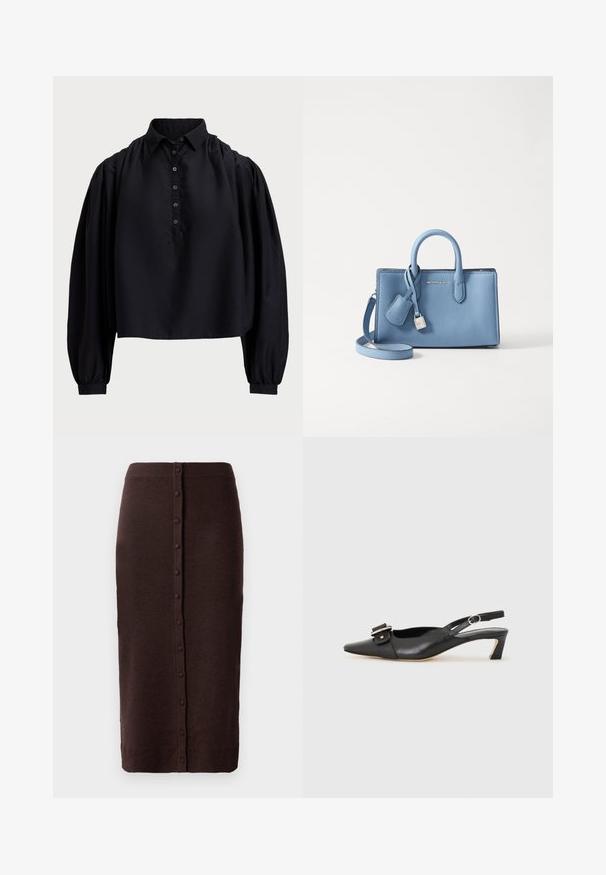 Čierna skrátená košeľa z mäkkej látky, s gombíkovou légou, vysokým golierom a nadýchanými dlhými rukávmi so zúženými manžetami.; Hnedá pletená sukňa s rebrovaným pásom a rovný strih. Obsahuje stredový knoflíkový rázporok, ktorý prebieha pozdĺž celej dĺžky zadnej strany.; Čierne kožené sandále s úzkym prstom, malým opätkom a dekoratívnou sponou na vrchnej časti. Hladká textúra, minimalistický dizajn.; Svetlomodrá kožená kabelka s dvojitými uchami, odnímateľným ramenným popruhom a detailom zámku a štítku v striebornom tóne. Hladký povrch.