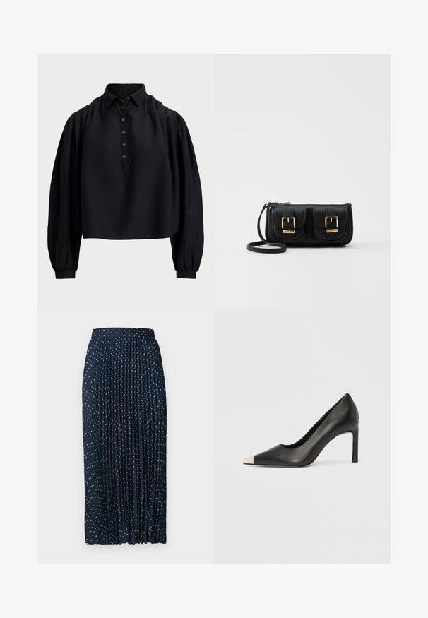 Svart, kort t-skjorte laget av mykt stoff, med knappestolpe, høy krage og puffede lange ermer med tettsittende mansjetter.; Marineblå plisserte skjørt med hvite prikkete mønster, har en strukturert livlinje, flytende stoff og et helfotsdesign.; Svart lærsko med høye hæler, spiss tå og metallisk sølvhette. Har en glatt finish og en slank hæl på 10 cm.; Svart skinn crossbody veske med to frontlommer, gyldne spenner, glidelåslukking og en slank stropp. Teksturert overflate og kompakt rektangulær form.