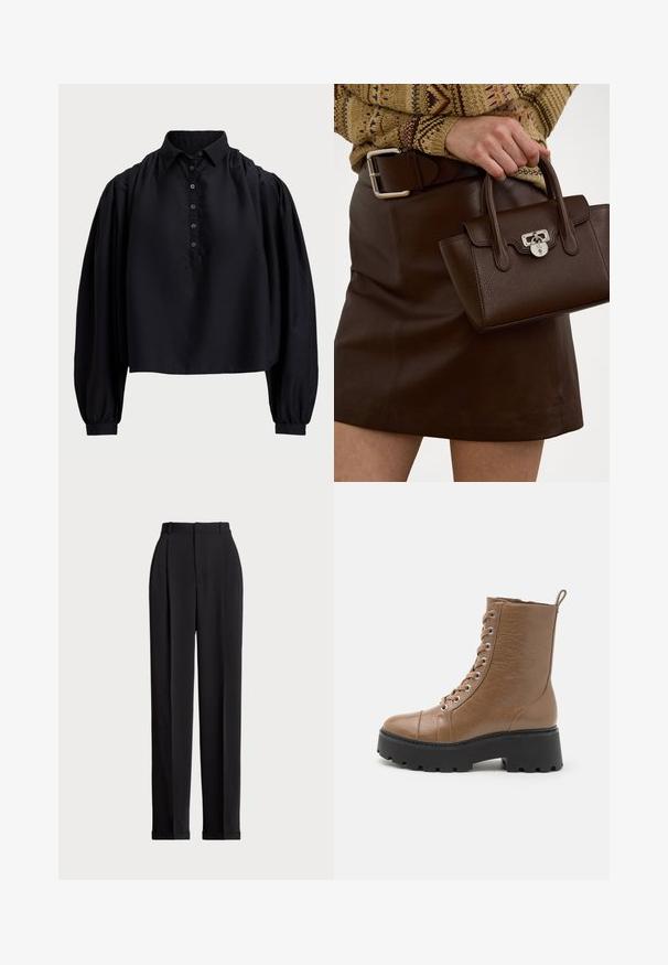 Chemisier noir court en tissu doux, doté d'une patte de boutonnage, d'un col haut et de manches longues bouffantes avec des poignets ajustés.; Pantalons noirs ajustés à taille haute, dotés de plis à l'avant, d'une coupe droite et d'un ourlet à revers. Fabriqués en tissu lisse.; Bottines en faux cuir marron avec une semelle noire épaisse, bout rond, laçage à l'avant et une languette au dos. Détail de surface texturée.; Sac en cuir marron avec une finition texturée et des accessoires en argent, tenu à la main à côté d'une jupe en cuir marron et d'un pull à motifs.