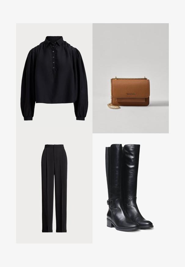 Černý zkrácený top z měkké látky, s knoflíkovou légou, vysokým límcem a nafouklými dlouhými rukávy s přiléhavými manžetami.; Černé elegantní kalhoty s vysokým pasem, zdobené sklady vpředu, rovný střih nohavic a cuffed lem. Vyrobeno z hladké látky.; Černé kožené boty po kolena s hladkým povrchem, bočním zipem a nízkým blokovým podpatkem. Obsahují dekorativní sponu na manžetě.; Hnědá texturovaná kožená kabelka přes rameno se zlatým řetízkovým popruhem a klopnovým uzavíráním. Přední strana obsahuje detail loga a kapsu pod klopou.