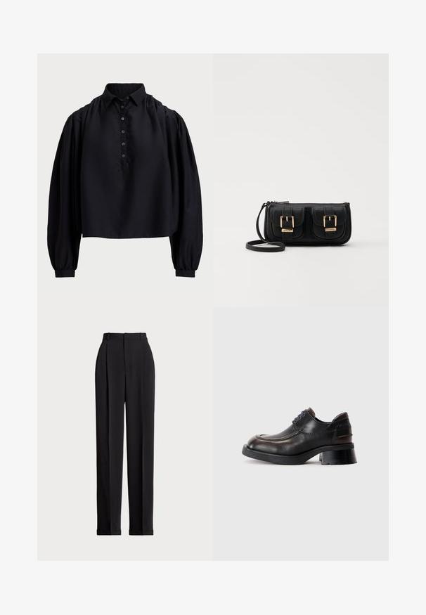 Black cropped shirt made of soft fabric, featuring a buttoned placket, high collar, and puffed long sleeves with fitted cuffs.; Black tailored trousers with a high waist, featuring pleats at the front, a straight leg design, and a cuffed hem. Made from smooth fabric.; Black leather shoe with a rounded toe, thick rubber sole, and a low block heel. Features blue laces and subtle brown accents on the upper.; Black leather crossbody bag with two front pockets, gold buckles, zipper closure, and a slim strap. Textured surface and compact rectangular shape.