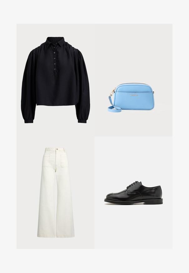 Fekete, rövidre szabott ing puha anyagból, gombos légnyílással, magas gallérral és puffos, hosszú ujjakkal, amelyek szűk mandzsettával záródnak.; Széles szárú farmernadrág off-white denim anyagból. Magas derekú dizájn, gombos záródással, két elülső zsebbel és kontrasztos varrási részletekkel.; Fekete bőr öltönycipő fényes felülettel, kerek orral, fűzős kialakítással, kontrasztos talppal és minimalista varrási részletekkel.; Világoskék bőr keresztpántos táska aranyszínű fémszerelvényekkel, cipzáras záródással és elülső zsebbel. Állítható pánttal rendelkezik a kényelmes viselet érdekében.
