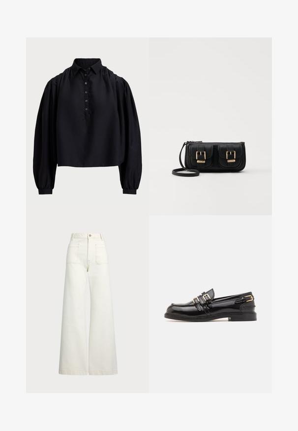 Sort cropped skjorte lavet af blødt stof, med en knaplukning, høj krave og puffede lange ærmer med tætsiddende manchetter.; Pæne brede jeans i off-white denim. Høj talje med knaplukning, to forlommer og detaljer med kontrastsyning.; sandro Loafers - noir; Sort læder crossbody taske med to frontlommer, guldspænder, lynlåslukning og en slank rem. Struktureret overflade og kompakt rektangulær form.
