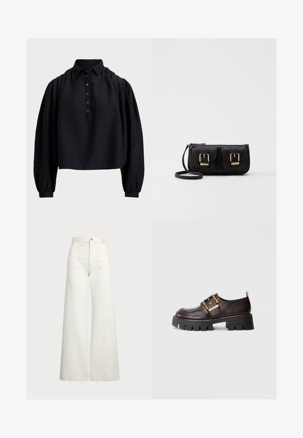 Black cropped shirt made of soft fabric, featuring a buttoned placket, high collar, and puffed long sleeves with fitted cuffs.; Wide-leg jeans in off-white denim. High-waisted design with a button closure, two front pockets, and contrast stitching details.; Brown leather shoe with a chunky black sole, features a large gold buckle and smooth texture, designed with a rounded toe.; Black leather crossbody bag with two front pockets, gold buckles, zipper closure, and a slim strap. Textured surface and compact rectangular shape.