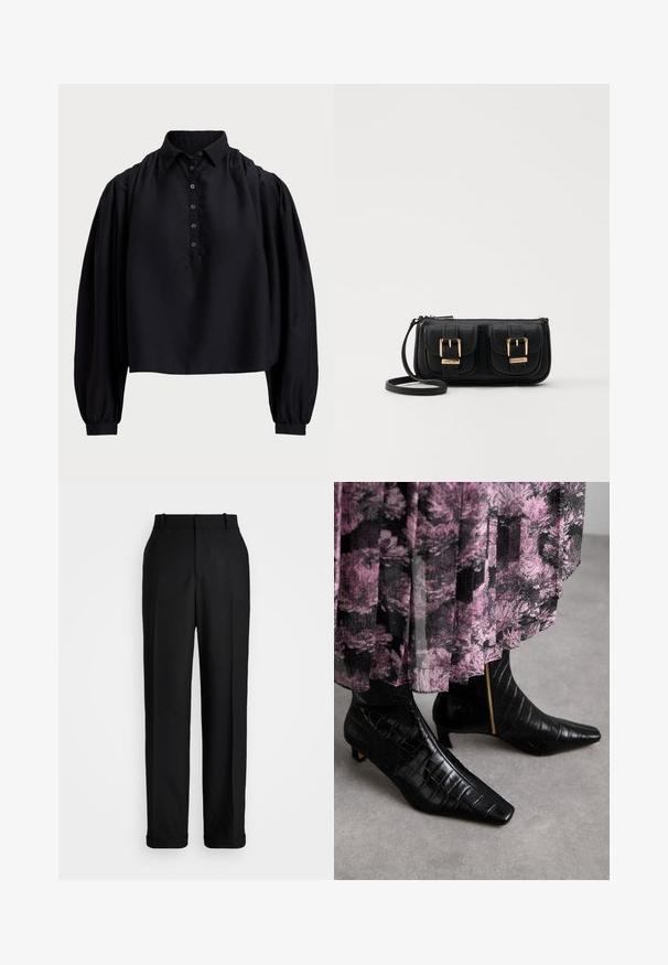 Maglietta nera corta realizzata in tessuto morbido, con apertura a bottoni, colletto alto e maniche lunghe puffate con polsini aderenti.; Polo Ralph Lauren HIGH RISE RELAXED STRAIGHT TROUSER - Pantaloni - black; Stivaletti neri in pelle con texture a coccodrillo, punta affusolata e tacco a blocco piccolo; presentano un accento in zip dorata sul lato.; Borsa a tracolla nera in pelle con due tasche frontali, fibbie dorate, chiusura con zip e una tracolla sottile. Superficie texturizzata e forma rettangolare compatta.