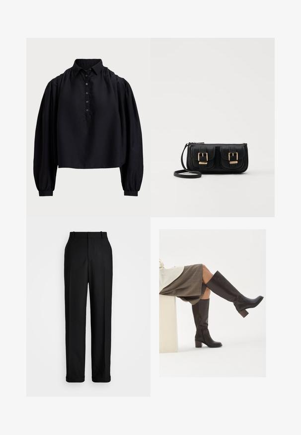 Fekete, rövidre szabott ing puha anyagból, gombos légnyílással, magas gallérral és puffos, hosszú ujjakkal, amelyek szűk mandzsettával záródnak.; Polo Ralph Lauren HIGH RISE RELAXED STRAIGHT TROUSER - Nadrágok - black; Barna bőrből készült, térdig érő csizmák, négyzet alakú orral, tömbsarkúval és oldalsó cipzárral. Simaszerkezet, polírozott felület.; Fekete bőr keresztbody táska két elülső zsebbel, arany csattokkal, cipzáras záródással és vékony pánttal. Textúrált felület és kompakt téglalap alak.