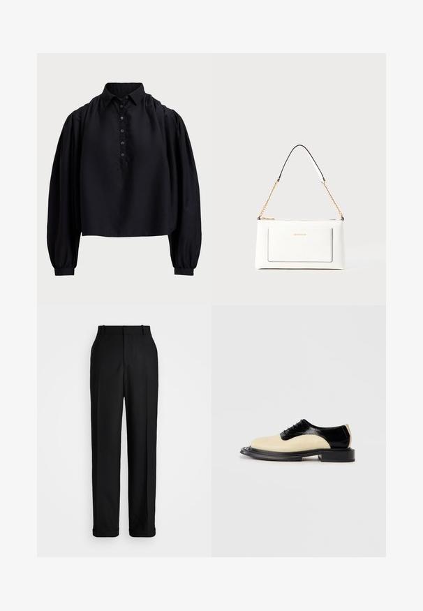 Chemisier noir court en tissu doux, doté d'une patte de boutonnage, d'un col haut et de manches longues bouffantes avec des poignets ajustés.; Polo Ralph Lauren HIGH RISE RELAXED STRAIGHT TROUSER - Pantalon classique - black; Chaussure à lacets bicolore avec un avant en cuir beige crémeux et un arrière en cuir noir brillant, dotée d'une épaisse semelle texturée noire.; Sac à main en cuir blanc avec un fini texturé, doté d'une bandoulière en chaîne dorée et d'accents noirs. Comprend une poche avant et une fermeture éclair.