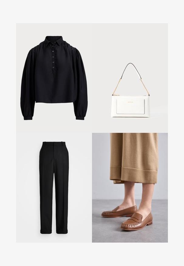 Schwarzes, kurzes Shirt aus weichem Stoff, mit einer geknöpften Leiste, hohem Kragen und puffierten langen Ärmeln mit enganliegenden Bündchen.; Polo Ralph Lauren HIGH RISE RELAXED STRAIGHT TROUSER - Stoffhose - black; MICHAEL Michael Kors CARLSON LOAFER - Slipper - brown; Weißes Lederhandtasche mit strukturierter Oberfläche, ausgestattet mit einem goldenen Kettenriemen und schwarzen Akzenten. Enthält eine Fronttasche und einen Reißverschluss.