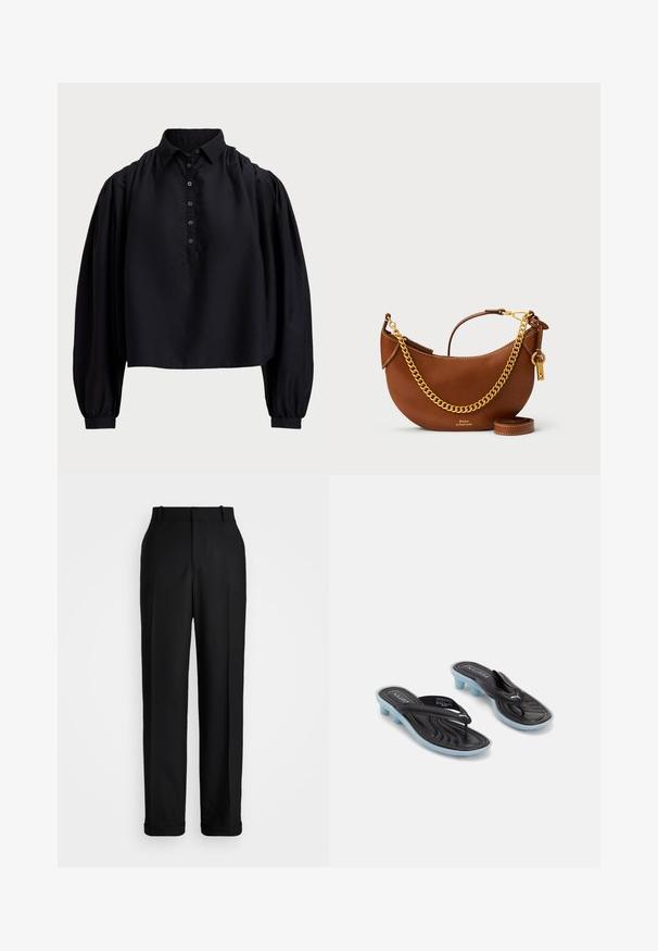 Sort cropped skjorte lavet af blødt stof, med en knaplukning, høj krave og puffede lange ærmer med tætsiddende manchetter.; Polo Ralph Lauren HIGH RISE RELAXED STRAIGHT TROUSER - Bukser - black; Sorte og blå Puma slide sandaler med lave blokhæle og toe straps på en hvid baggrund.; Brun læderhandtaske med et buet design, guld kædestropp, indvendig lomme og en aftagelig skulderrem. Har kontrastsyning.