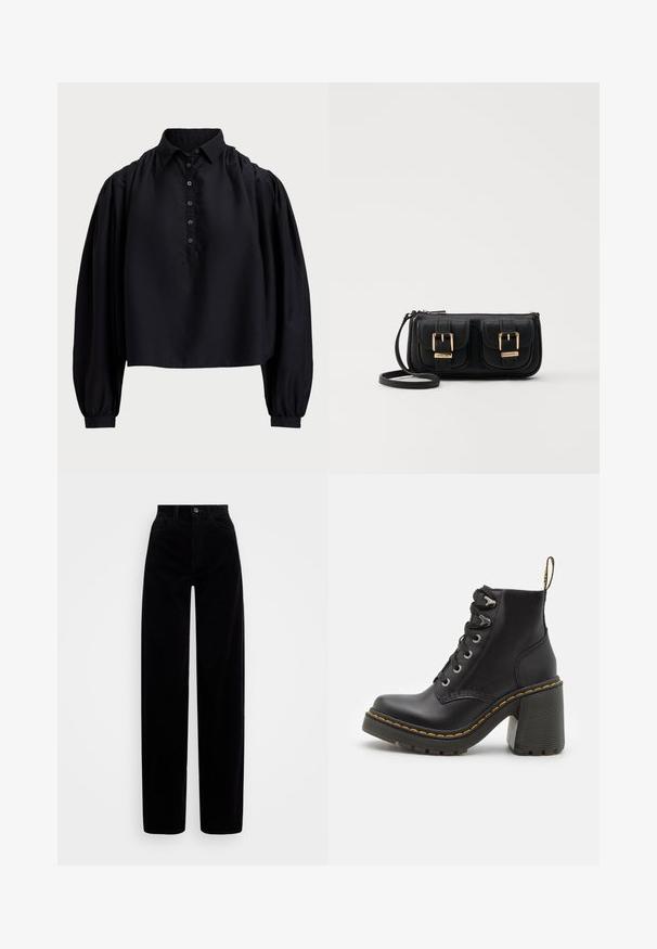 Cămașă neagră, scurtă, dintr-un material moale, cu o placket cu nasturi, guler înalt și mâneci lungi bufante cu manșete ajustate.; Pantaloni din catifea cord cu talie înaltă, design cu picior larg și un singur nasture în față. Textură netedă cu fâșii verticale.; Botine din piele neagră, cu toc înalt masiv, sistem de prindere cu șiret, ocheți din metal și cusături galbene de-a lungul tălpii. Talpă din cauciuc texturat.; Geantă neagră din piele, tip crossbody, cu două buzunare frontale, catarame aurii, închidere cu fermoar și o curea subțire. Suprafață texturată și formă rectangulară compactă.