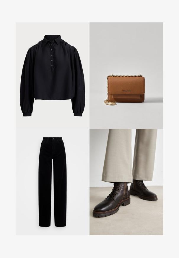 Fekete, rövidre szabott ing puha anyagból, gombos légnyílással, magas gallérral és puffos, hosszú ujjakkal, amelyek szűk mandzsettával záródnak.; Fekete kordbársony nadrág magas derékkal, széles lábakkal és egyetlen elülső gombbal. Simább textúra függőleges bordázással.; Sötétbarna bőrcipők texturált felülettel, fűzős kialakítással, kerek orral és robusztus gumitalppal. Ellentétes varrás teszi teljessé a megjelenést.; Barna textúrájú bőr keresztbody táska arany lánc pánttal és fedélzárral. Az elején logó részlet és egy zseb található a fedél alatt.