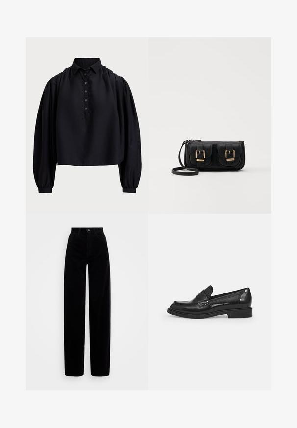 Black cropped shirt made of soft fabric, featuring a buttoned placket, high collar, and puffed long sleeves with fitted cuffs.; Black corduroy pants with a high waist, wide leg design, and a single front button closure. Smooth texture with vertical ribbing.; Black patent leather loafers with a rounded toe, a decorative strap across the upper, and a low block heel. Smooth, glossy texture.; Black leather crossbody bag with two front pockets, gold buckles, zipper closure, and a slim strap. Textured surface and compact rectangular shape.