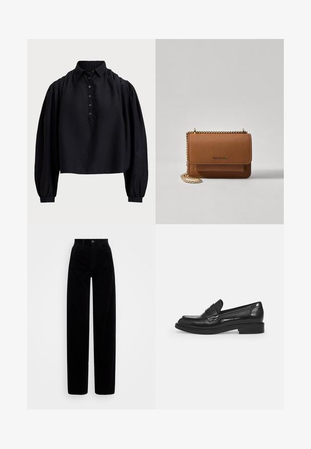 Svart, kort t-skjorte laget av mykt stoff, med knappestolpe, høy krage og puffede lange ermer med tettsittende mansjetter.; Svarte kordfløyelsbukser med høyt liv, vide ben og en enkelt knapp foran. Glatt tekstur med vertikale ribber.; Sorte patentlæder loafers med rund tå, en dekorativ rem hen over toppen og en lav blokhæll. Glat, blank overflade.; Brun teksturert lær crossover-veske med gullkjede-stropp og klaffelukking. Fronten har logo-detalj og en lomme under klaffen.