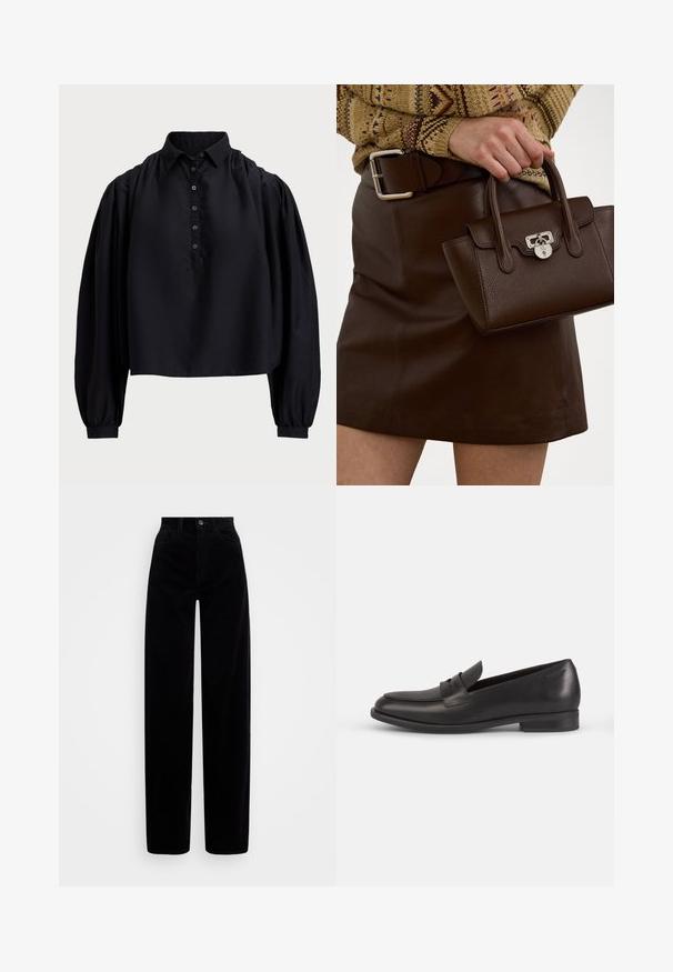 Musta lühike särk pehmest kangast, millel on nööbiga lips, kõrge krae ja volangidega pikad varrukad, mis on kitsaste mansettidega.; Musta volditud puuvillane püksid kõrge vöökoha, laia jala disaini ja ühe esiknöpiga. Sile tekstuur vertikaalsete soontega.; Mustad nahast loafers, millel on ümar varvas, dekoratiivne õmblus ja madal ploki kand. Omab siledat tekstuuri ja minimalistlikku disaini.; pruun nahast käekott tekstuuriga viimistlusega ja hõbedase riistvaraga, hoituna käes pruun nahkse seeliku ja mustriga sviidiga.
