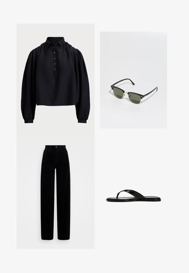 Maglietta nera corta realizzata in tessuto morbido, con apertura a bottoni, colletto alto e maniche lunghe puffate con polsini aderenti.; Pantaloni in corduroy neri con vita alta, design a gamba larga e chiusura con un singolo bottone anteriore. Texture liscia con rigature verticali.; Infradito in pelle nera con design a strap sottile, suola piatta e texture liscia. Stile minimalista senza decorazioni o motivi.; Occhiali da sole neri e oro con lenti verdi, dotati di forma a occhio di gatto, accenti metallici e una montatura testurizzata.; Borsa a tracolla nera in pelle con due tasche frontali, fibbie dorate, chiusura con zip e una tracolla sottile. Superficie texturizzata e forma rettangolare compatta.