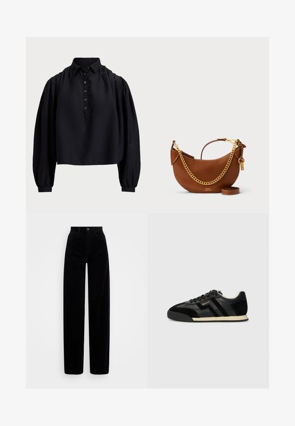 Camisa preta cropped feita de tecido suave, com uma pala de botões, gola alta e mangas longas bufantes com punhos ajustados.; Calças de corduroy pretas com cintura alta, design de perna larga e um único botão frontal. Textura suave com nervuras verticais.; GANT BEYLANA - Sapatilhas - black; Bolsa de mão de couro castanho com um design curvado, alça de corrente dourada, bolso interior e uma alça de ombro destacável. Apresenta costura em contraste.