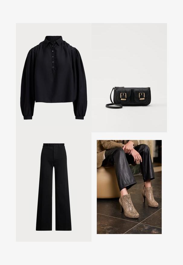 Black cropped shirt made of soft fabric, featuring a buttoned placket, high collar, and puffed long sleeves with fitted cuffs.; Black wide-leg pants made of woven fabric, featuring a high waist, front button closure, and side pockets. Smooth texture with clean lines.; Person wearing black leather pants and beige snakeskin-patterned high-heeled ankle boots, sitting on a beige seat indoors.; Black leather crossbody bag with two front pockets, gold buckles, zipper closure, and a slim strap. Textured surface and compact rectangular shape.