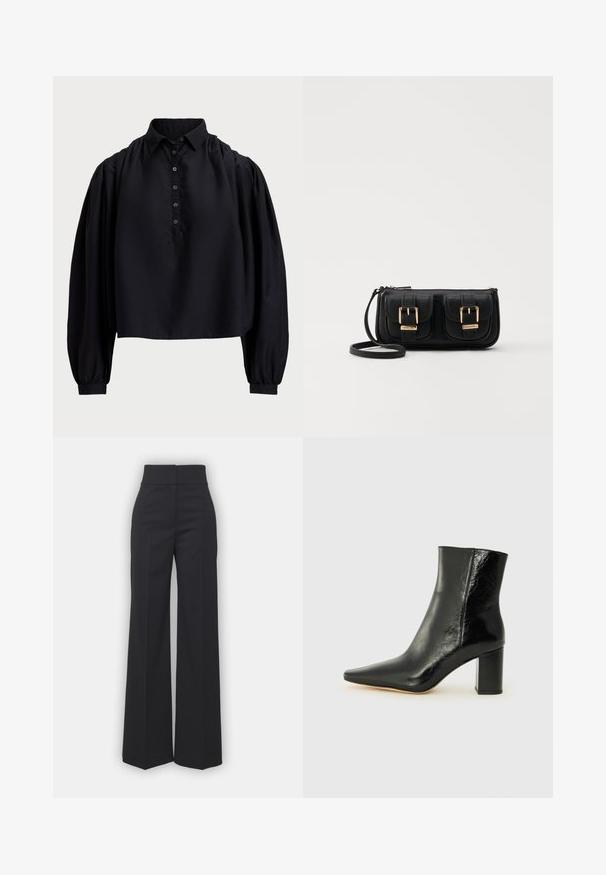 Juodas trumpas marškinėlis, pagamintas iš minkštos medžiagos, su sagų užsegimu, aukštu apykakle ir pūstais ilgais rankovėmis su prigludusiais riešais.; Juodos plačios kojinės kelnės su aukštu juosmeniu, turinčios švarų apdailą ir lygų paviršių. Matomi jokių metalinių detalių ar raštų.; Juodos kulkšninių botai, pagaminti iš blizgaus odos, su smailiu nosiu ir storo kvadratinio kulno. Išsiskiria lygiu paviršiumi ir minimalizmo stiliumi.; Juodas odinis per petį nešiojamas krepšys su dviem priekiniais kišenėmis, auksiniais sagtimis, užtrauktuko uždarymu ir siauromis petnešomis. Textūruota paviršius ir kompaktiškas stačiakampis formatas.