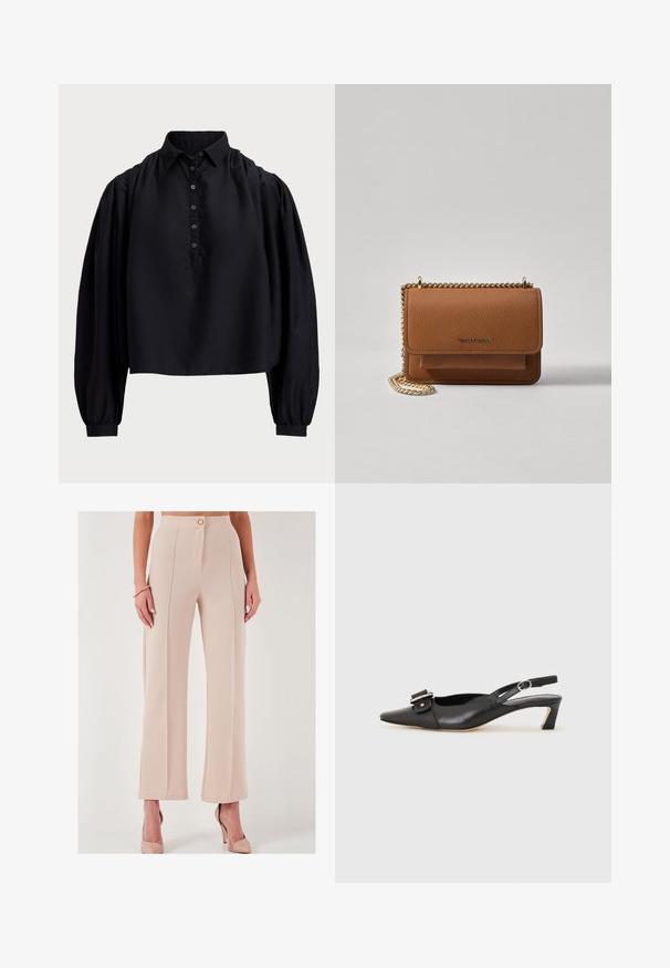 Mustat lyhyet paidat, jotka on valmistettu pehmeästä kankaasta, joissa on napitettava läppä, korkea kaulus ja puffatut pitkät hihat, joissa on kireät hihansuut.; Beige korkeavyötäröiset leveälahkeiset housut, jotka on valmistettu tekstuurista kankaasta. Housuissa on edessä nappikiinnitys ja sivutaskut, sekä siisti viimeistely.; Musta nahkainen slingback-kengät terävällä kärjellä, pienellä korolla ja koristeellisella solkikuvioinnilla yläosassa. Sujuva pinta, minimalistinen muotoilu.; Ruskean teksturoidun nahkasta valmistettu crossbody-laukku, jossa on kultaketjuhihna ja läppäkiinnitys. Edessä on logodetail ja tasku läppäisen alla.