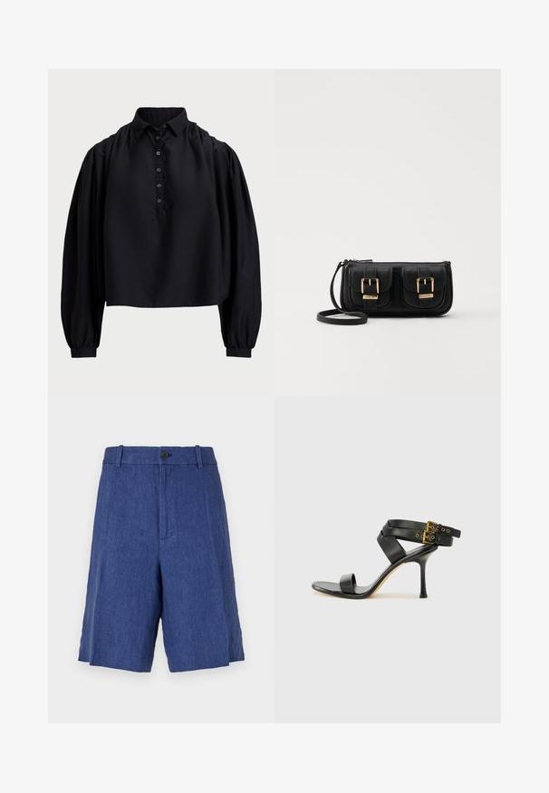 Juodas trumpas marškinėlis, pagamintas iš minkštos medžiagos, su sagų užsegimu, aukštu apykakle ir pūstais ilgais rankovėmis su prigludusiais riešais.; Mėlyni lininiai šortai su plokščiu priekiu, užsegimu mygtuku ir dviem šoniniais kišeniais. Juosmens linija laisvesnė, o audinys lygus.; Juodi kulniškų sandalai su kryžminėmis juostelėmis ir reguliuojamu sagtimi. Ypatybė – lygus paviršius ir siauras smailas kulnas.; Juodas odinis per petį nešiojamas krepšys su dviem priekiniais kišenėmis, auksiniais sagtimis, užtrauktuko uždarymu ir siauromis petnešomis. Textūruota paviršius ir kompaktiškas stačiakampis formatas.