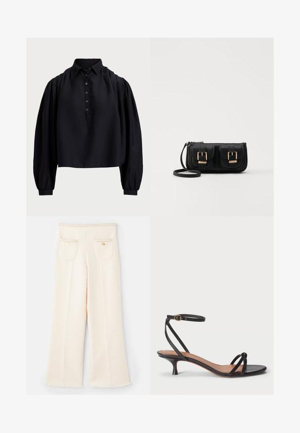 Musta lühike särk pehmest kangast, millel on nööbiga lips, kõrge krae ja volangidega pikad varrukad, mis on kitsaste mansettidega.; Valged, tekstuuriga laiad püksid frakendatud äärega, millel on kaks tagumist taskut, kuldsed nööbid jaõmblustetailing vööosas.; Polo Ralph Lauren LEATHER KITTEN-HEEL SANDAL - Klassikalised kontsakingad - black; Must küllastamata nahast õlakott, millel on kaks esist nähtavat taskut, kuldsed pandlad, tõmblukuga sulgemine ja peen rihm. Tekstuuriga pind ja kompaktne ristkülikukujuline kuju.
