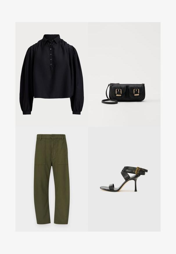 Črna skrajšana majica iz mehkega materiala, z gumbasto zapenjanjem, visokim ovratnikom in napihnjenimi dolgimi rokavi z oprijetimi manšetami.; Hlače iz bombaža v olivno zeleni barvi s standardnim krojem, z dvema sprednjima žepoma in zapiranjem na gumb v pasu.; Črne sandale na peto z križnimi trakovi in prilagodljivo zaponko. Imajo gladko teksturo in zožen peto.; Črna usnjena torbica čez ramo z dvema sprednjima žepoma, zlatimi zaponkami, zadrgo in ozkim pasom. Tekstura površine je strukturirana, obliko pa ima kompaktno pravokotno.