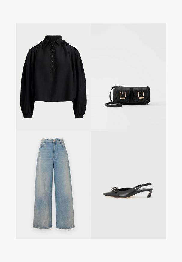 Svart, kort t-skjorte laget av mykt stoff, med knappestolpe, høy krage og puffede lange ermer med tettsittende mansjetter.; Lyseblå denim vide bukser med frynset kant, fem lommer og knappelukking. Har lett slitasje foran.; Svarte skinn slingback-sko med spiss tå, liten hæl og dekorativ spenne-detalj på overdelen. Glatt tekstur, minimalistisk design.; Svart skinn crossbody veske med to frontlommer, gyldne spenner, glidelåslukking og en slank stropp. Teksturert overflate og kompakt rektangulær form.