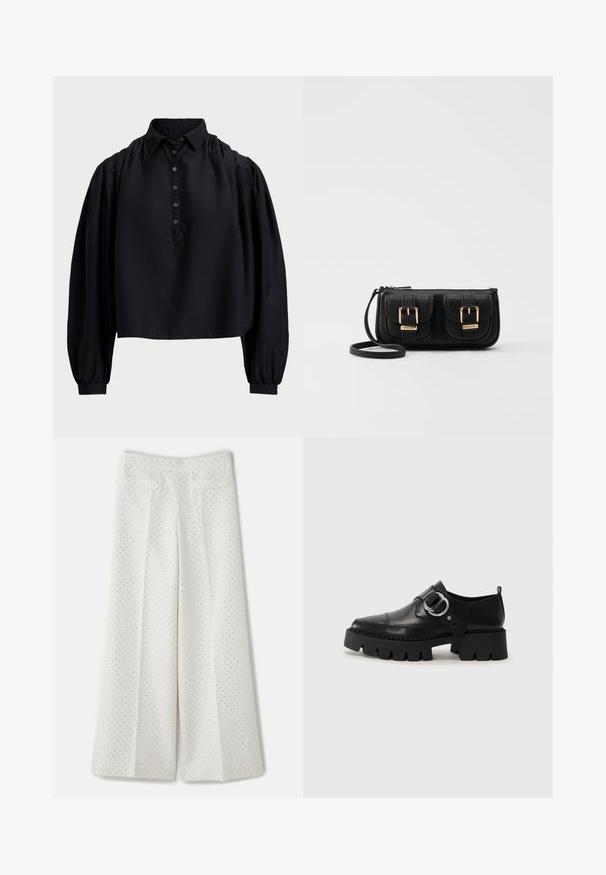 Musta lühike särk pehmest kangast, millel on nööbiga lips, kõrge krae ja volangidega pikad varrukad, mis on kitsaste mansettidega.; sandro PANTALON - Püksid - ecru; Mustad musta naha jalanõud, millel on jäme ribaga tallad, ringikujuline hõbedane detail ja minimaalne õmblusdetail.; Must küllastamata nahast õlakott, millel on kaks esist nähtavat taskut, kuldsed pandlad, tõmblukuga sulgemine ja peen rihm. Tekstuuriga pind ja kompaktne ristkülikukujuline kuju.