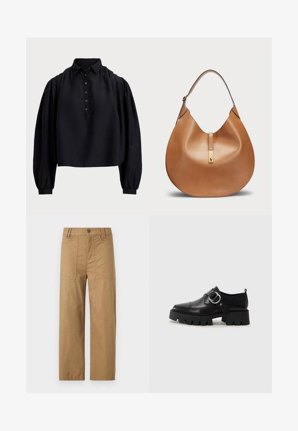 Cămașă neagră, scurtă, dintr-un material moale, cu o placket cu nasturi, guler înalt și mâneci lungi bufante cu manșete ajustate.; DRYKORN DERIVE - Pantaloni - brown; Pantofi din piele neagră cu o talpă groasă, nervurată, având un accent circular din metalargintiu și un detaliu minim de cusătură.; Geantă din piele de culoare tan, cu o formă curbată și o curea lată pentru umăr. Se evidențiază printr-un accent metalic auriu în centru și o textură netedă.