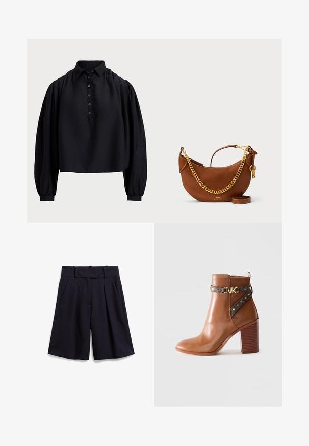 Svart kort topp i mjukt tyg, med knappslå, hög krage och puffärmar som är långa med tighta ärmslut.; Marinblå shorts gjorda av ett texturerat tyg, med en hög midja, veck och sidofickor för funktionalitet.; Brun läderankelboot med staplad blockklack, sidrem med guldnitar och en guld "MK"-logobuckle.; Brun läderhandväska med en böjd design, guldkedjesnor, innerväska och ett avtagbart axelband. Har kontrasterande sömmar.