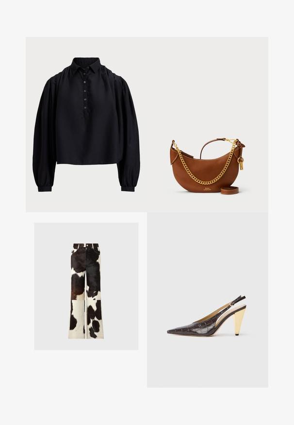 Czarna krótka koszula z miękkiego materiału, z zapięciem na guziki, wysokim kołnierzykiem i bufiaste długie rękawy z dopasowanymi mankietami.; Spodnie flare z bydlęcej skóry w czarno-białym patchworkowym wzorze, o gładkiej teksturze i widocznych akcentach szwów.; Sandały na obcasie z przeszyciem w ciemnym brązowym lakierowanym faux krokodyle. Posiadają złoty geometrzyczny obcas oraz regulowany pasek wokół kostki.; Brązowa skórzana torebka o zaokrąglonym kształcie, z złotym łańcuszkiem, wewnętrzną kieszenią oraz odczepianym paskiem na ramię. Posiada kontrastowe przeszycia.