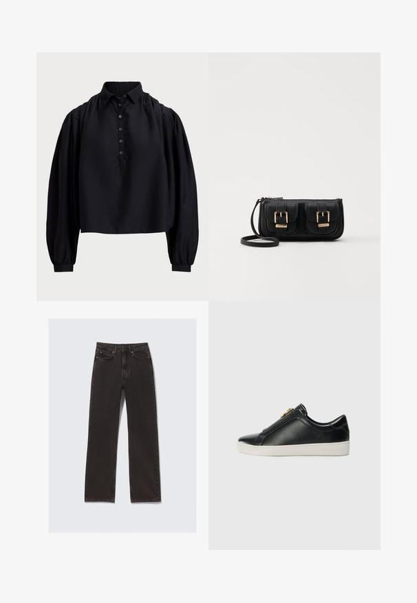 Camisa preta cropped feita de tecido suave, com uma pala de botões, gola alta e mangas longas bufantes com punhos ajustados.; Calças de ganga pretas com corte reto, cinco bolsos e fecho de botões. Detalhes notáveis de textura e costura são visíveis.; Sapatos pretos de pele, de calçar, com uma costura elevada, detalhe em metal prateado na parte superior e uma sola de borracha branca com uma marcação em relevo.; Bolsa de ombro em couro preto com dois bolsos frontais, fivelas douradas, fecho de zíper e uma alça fina. Superfície texturizada e forma retangular compacta.