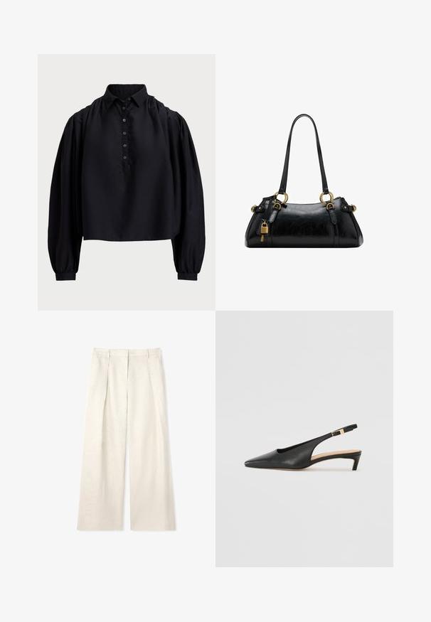Camisa negra corta hecha de una tela suave, con tapeta de botones, cuello alto y mangas largas abullonadas con puños ajustados.; Pantalones de pierna ancha en beige claro, fabricados con un tejido texturizado, que presentan pliegues en la parte delantera, una cinturilla plana y sin herrajes o acentos visibles.; Tacón de piel negra tipo slingback con punta afilada, tacón bajo y una correa para el tobillo ajustable que cuenta con una hebilla en tono dorado. Textura suave.; Bolso de mano de cuero negro con textura suave, forma redondeada, acentos de herrajes dorados y dobles asas. Presenta un candado decorativo en el lateral.