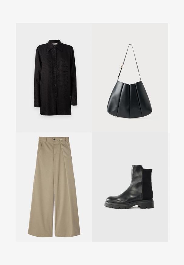 Schwarzes Hemd mit Knopfleiste aus glattem Stoff, das ein dezentes, strukturiertes Muster aufweist, mit spitzem Kragen und langen Ärmeln.; MM6 Maison Margiela PANTS - Stoffhose - bus green; Schwarze Knöchelstiefel aus glattem Leder mit elastischen Seitenpaneelen, robuster Gummisohle und einem eleganten, modernen Design.; Schwarze Leder-Umhängetasche mit plissierter Gestaltung, glatter Textur, einem einzelnen Tragegurt und einem dezenten goldenen Hardware-Akzent.