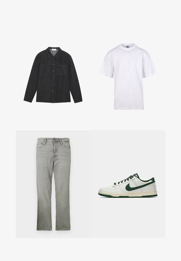 Tumehall särk, mis on valmistatud tekstuurilisest kangast, millel on terav krae, nööpide eesmine osa ja kaks rinna taskut. Pikailevusega varrukad, millel on nööpidega mansetid.; Valge puuvillane t-särk ümmarguse kaeluse, lühikeste varrukate ja lõdva lõikega. Omab lihtsat disaini ilma mustrite või aktsendita.; Heledad hallide denim püksid, sirge lõikega, viie taskuga stiilis, ees lukk ja peene kulumise tekstuur.; Valge madalate tossudega, millel on tumeroheline Nike Swoosh, paelad ja tallakatted, esitatud külgmises vaates ühtlasel valgel taustal.